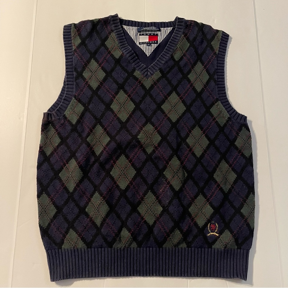 Tommy Hilfiger Argyle Sweater Vest Mens L Navy Green Crest Logo Cotton